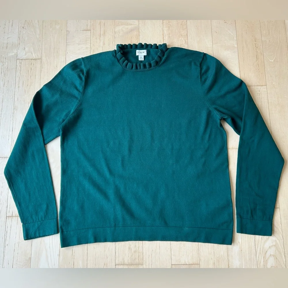 J. Crew Women’s 100% Cotton Ruffle Neck Sweater in Alpine Green Size XL EUC